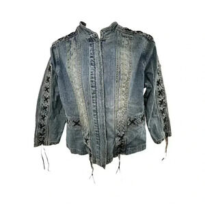 Women’s jean jacket with decorative laces, Large denim 24/7 **READ**